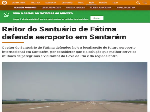 Reitor do Santuário de Fátima defende aeroporto em Santarém